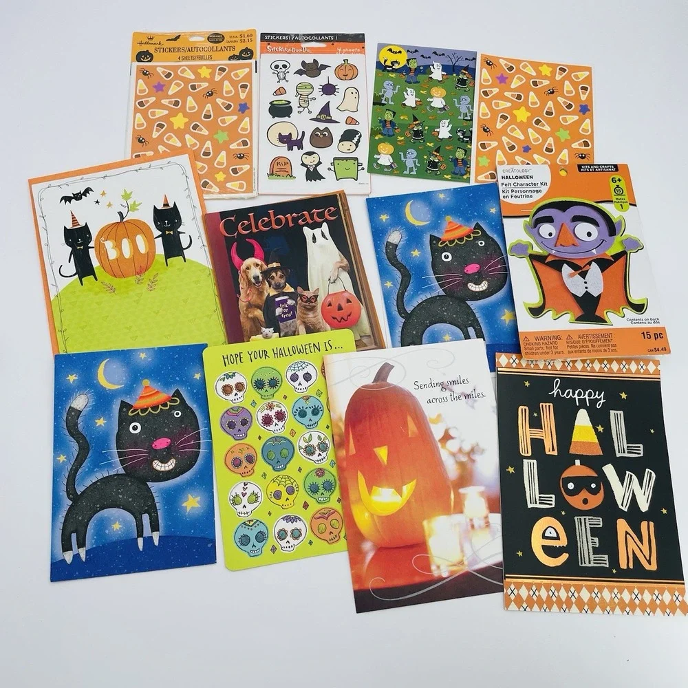 Lot of 7 Halloween Greeting Cards Ghost Cats Dogs Stickers Packs and Sheets‎